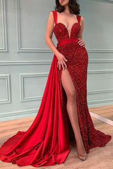Glamorous Red Sequins Beadings Mermaid Prom Dress Split With Ruffles
